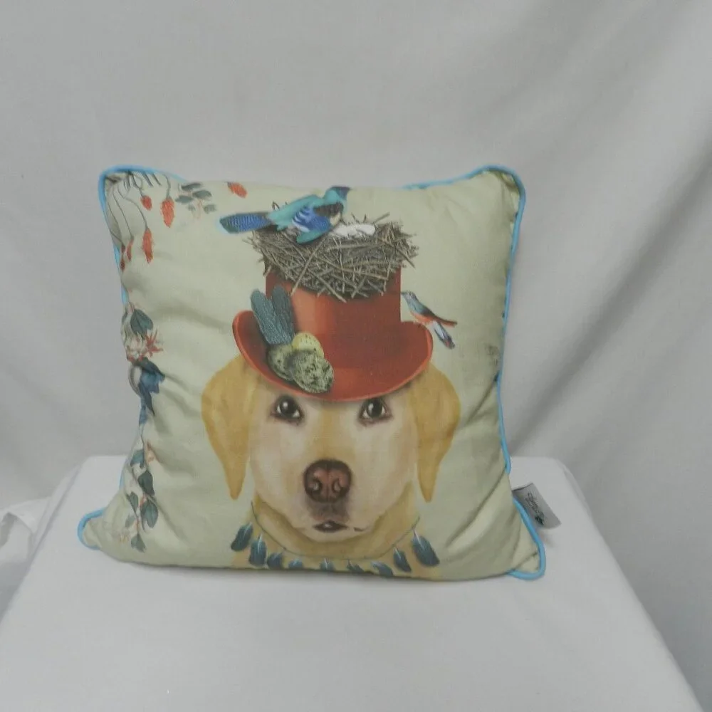 Fab Funky Milliners Collection Yellow Labrador w/ Bird New Pillow England 16x16